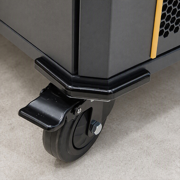 Smooth mobility structure casters for 3-zone charging trolley with storage
