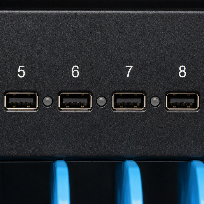 Numbered USB-A ports on 80-slot tablet storage charging cabinet for direct device charging Numbered USB-A ports on 80-slot tablet storage charging cabinet for direct device charging