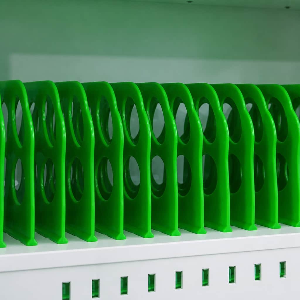ABS partition slots for upright phone cooling in 20-slot desktop countertop phone charging locker station