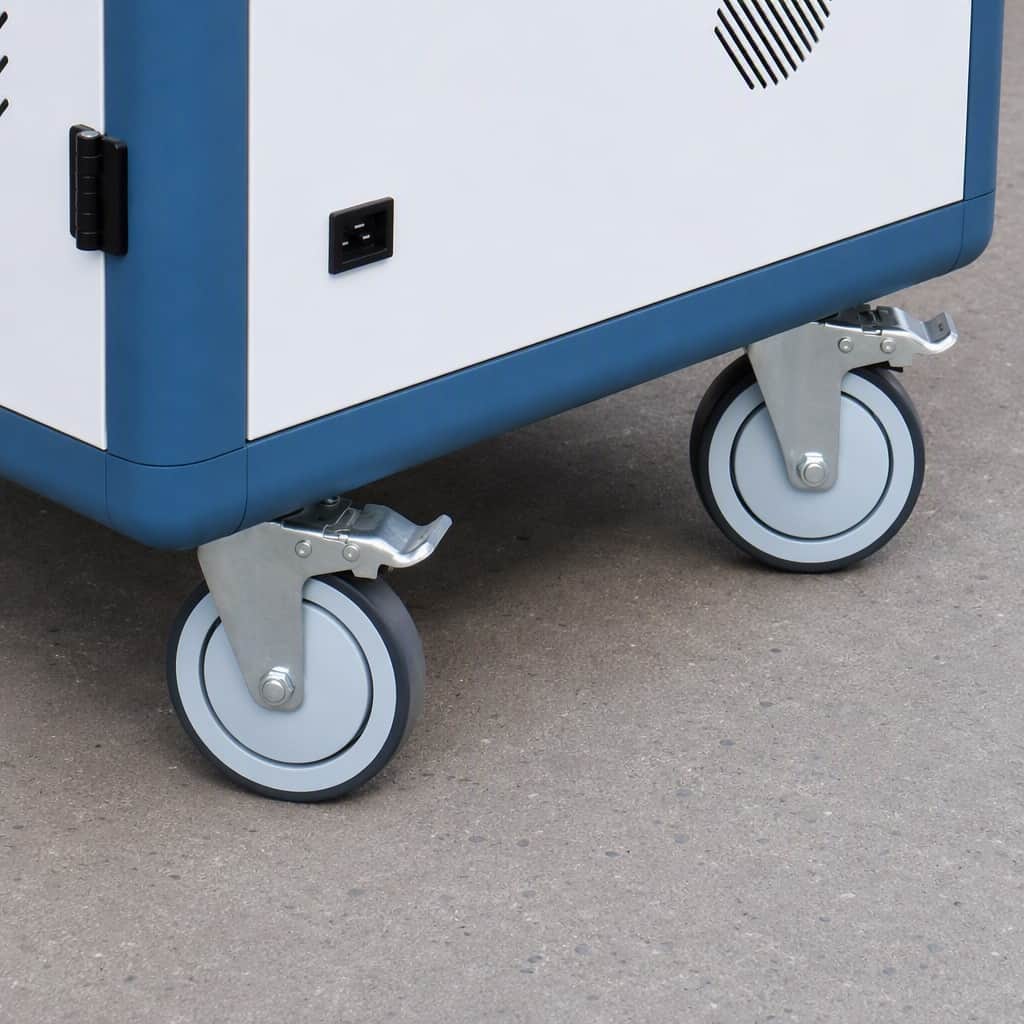 Mobility structure with smooth casters on 30 way AC Laptop Charging Cart for classroom movement