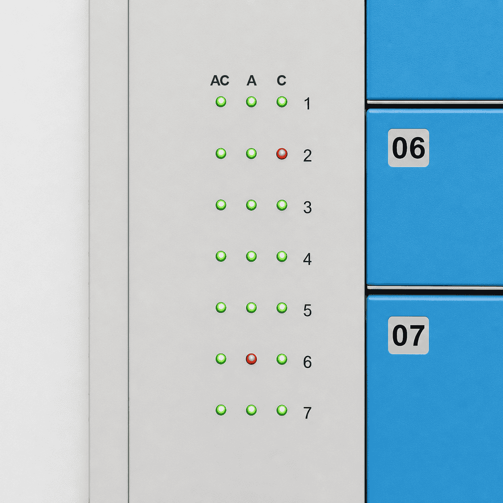 Real-time clear status indicators for 8-slot smart charging storage locker compartments