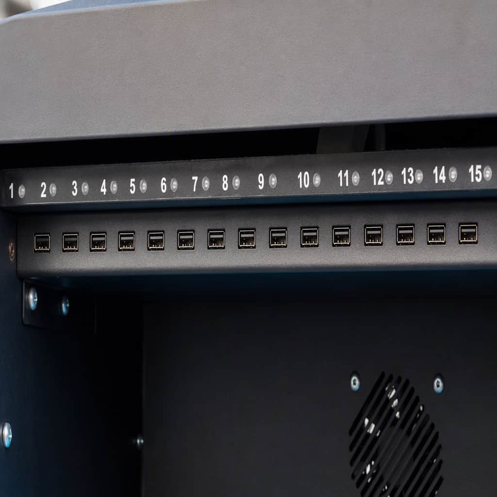 Built-in USB-A, Type-C, and AC direct-charging modules in 32-Slot Laptop Storage Cart with Wheels Lockable Built-in USB-A, Type-C, and AC direct-charging modules in 32-Slot Laptop Storage Cart with Wheels Lockable
